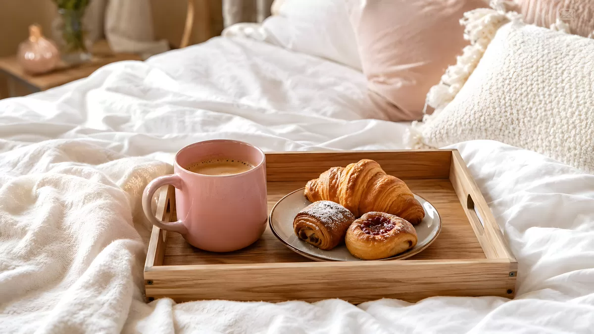 Frühstück im Bett mit Croissants und Kaffee