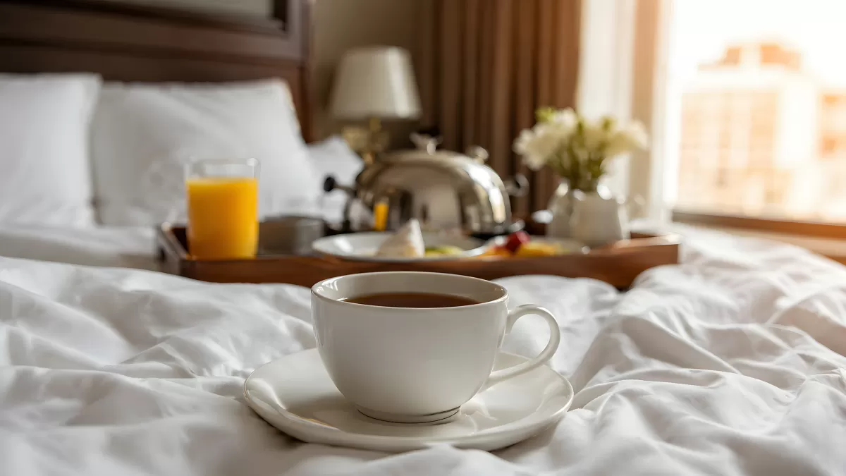 Frühstück im Bett mit Kaffee und Orangensaft im Hotel