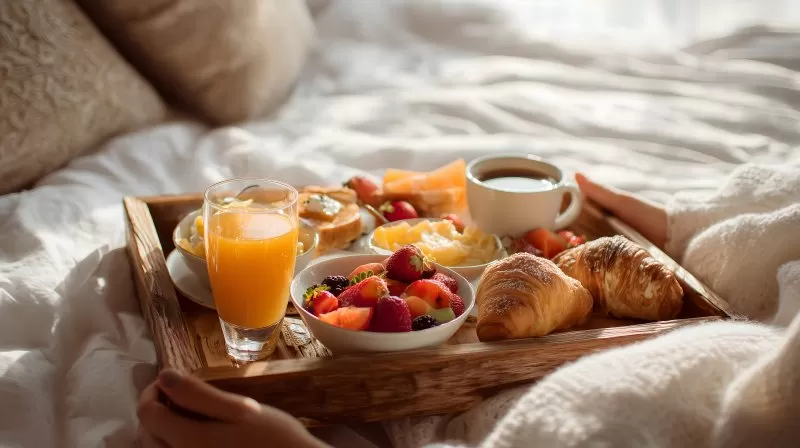 Frühstück im Bett mit Saft Croissants und Obst bei Tageslicht