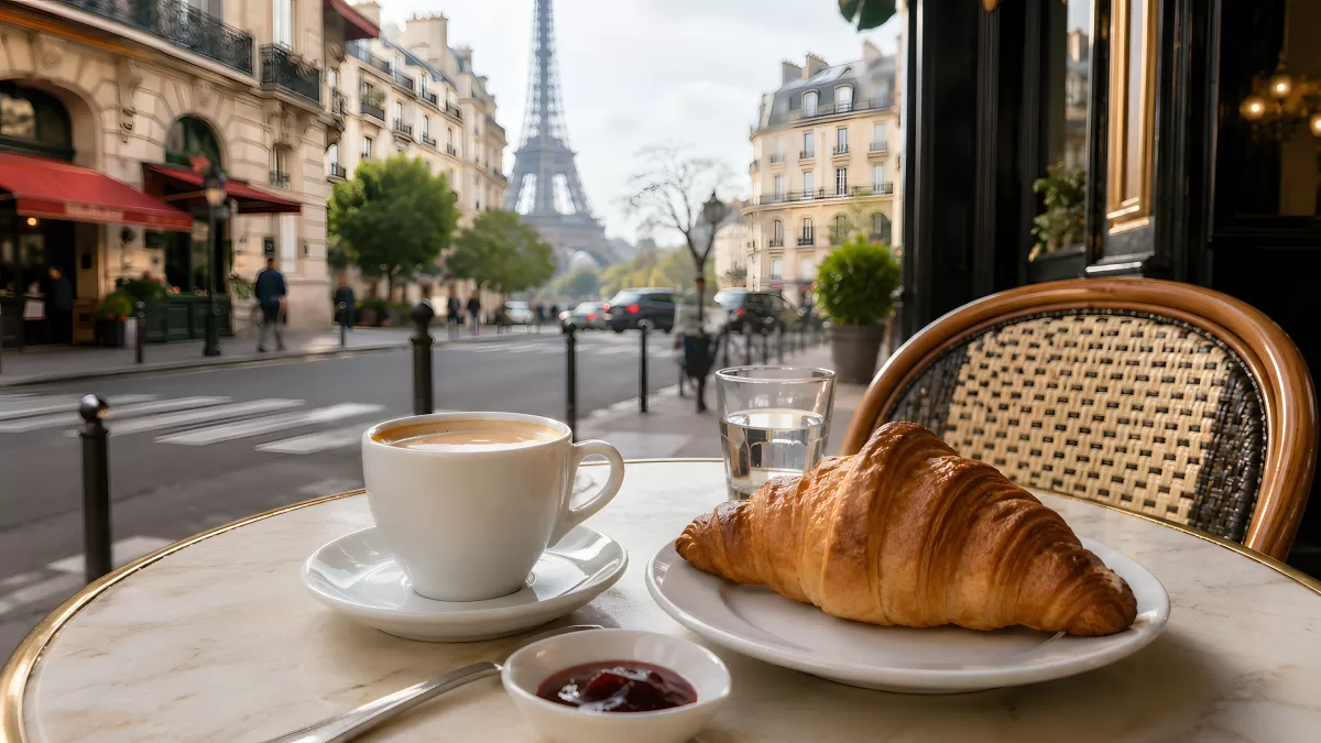 Frühstück im Pariser Café mit Blick auf den Eiffelturm
