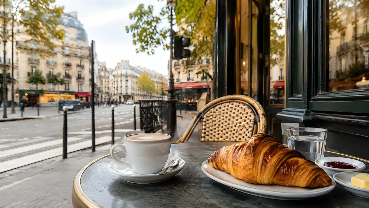 Frühstück in einem Pariser Straßencafé mit Croissant