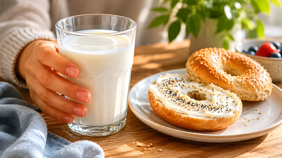 Frühstück mit Bagel, Frischkäse und einem Glas Milch