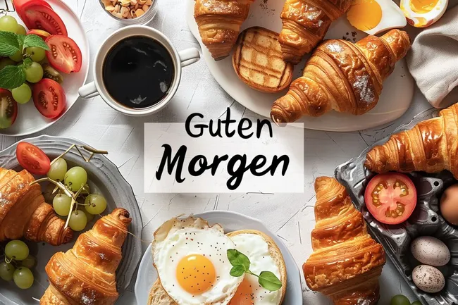 Frühstück mit Brötchen, Kaffee und Obst