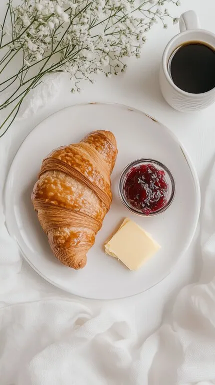 Frühstück mit Croissant, Marmelade und Kaffee