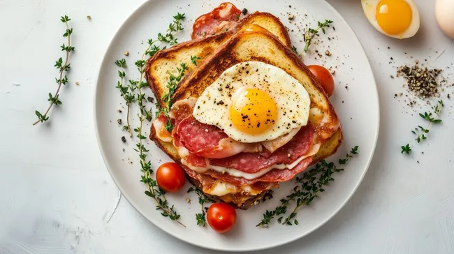 Frühstücksplatte mit gebratenem Brot, Spiegelei und Salami
