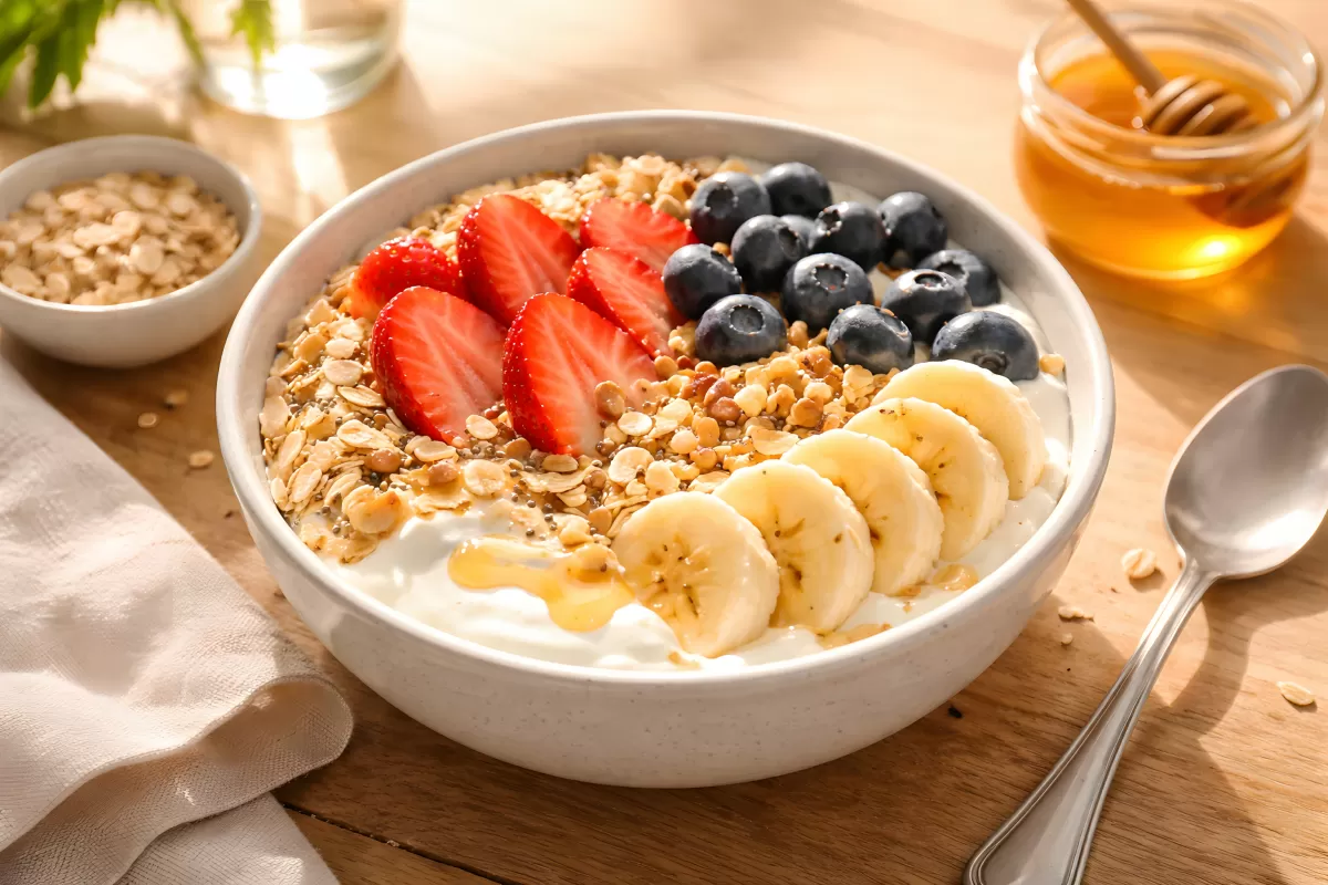 Frühstücksschüssel mit Joghurt, Granola und frischen Früchten