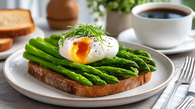Frühstücksspeise mit gegrilltem Spargel und pochiertem Ei