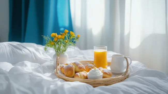 Frühstückstablett mit Hörnchen und Orangensaft auf weißer Bettwäsche