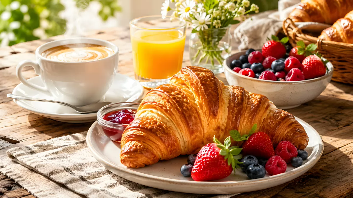 Frühstückstisch mit Croissant, Kaffee und frischen Beeren