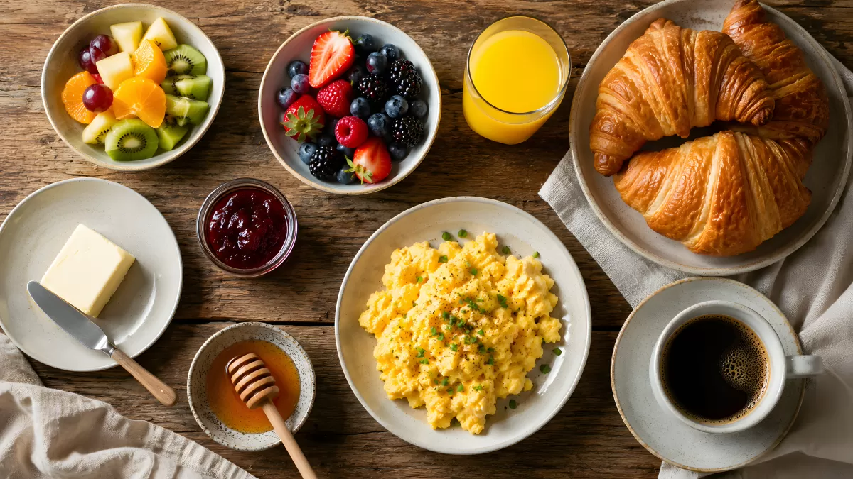 Frühstückstisch mit Croissants, Rühreiern und Früchten
