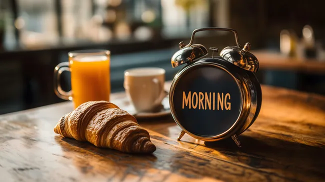 Frühstückszeit im Café: Croissant, Kaffee & Wecker