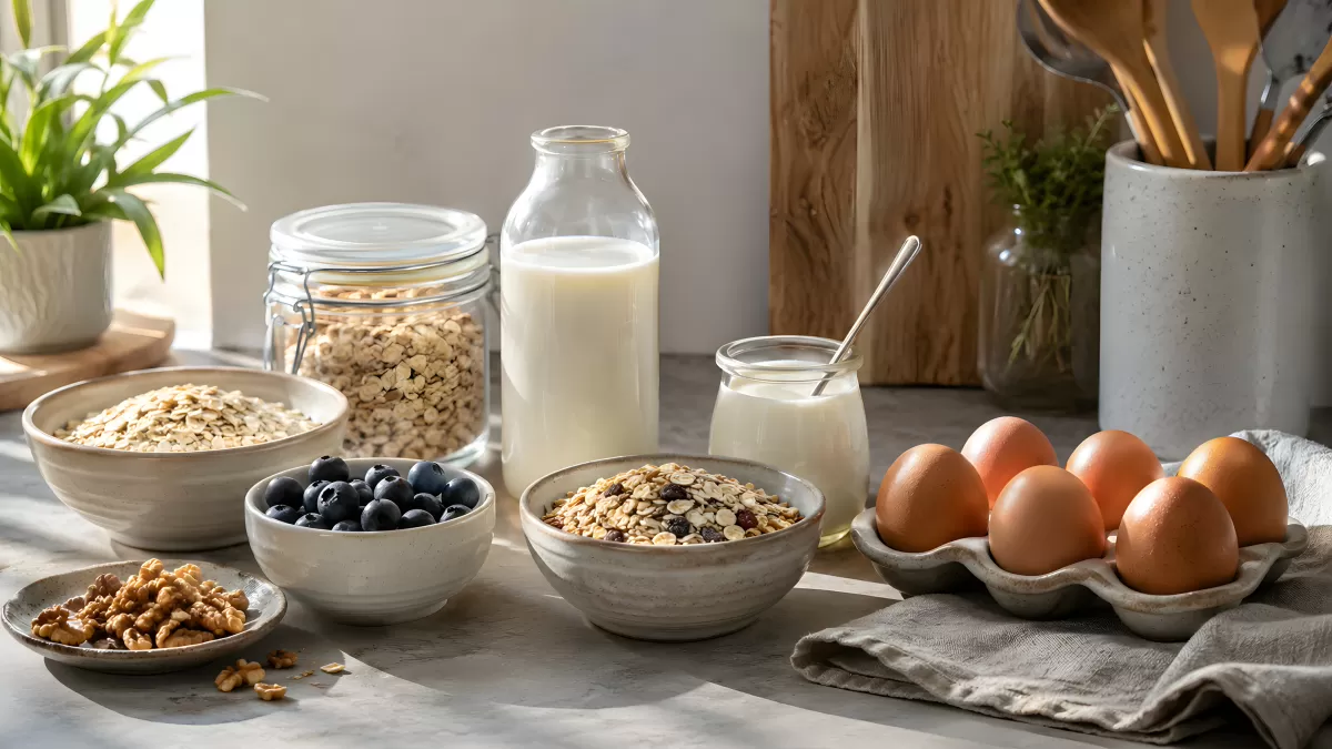 Frühstückszutaten mit Haferflocken, Eiern und Milch