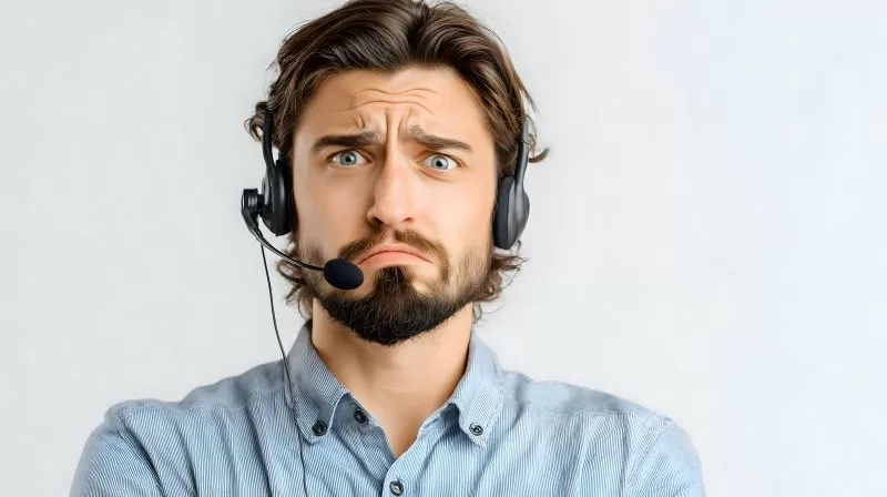Frustrierter Callcenter-Mitarbeiter mit Headset