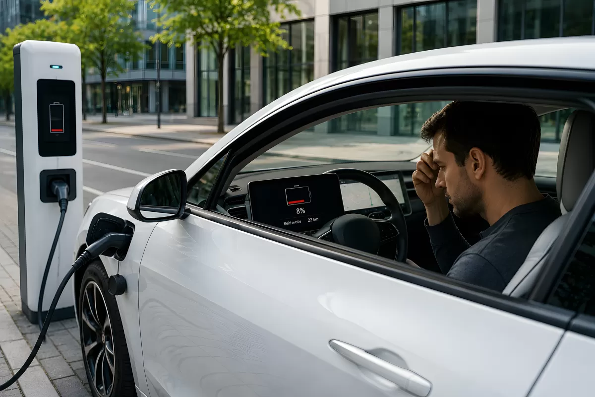 Frustrierter Fahrer vor E-Auto mit fast leerem Akku