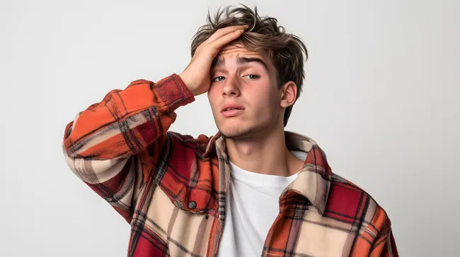 Frustrierter junger Mann hält sich die Stirn