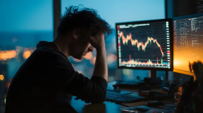 Frustrierter Mann verfolgt fallende Aktienkurse auf seinem Computer