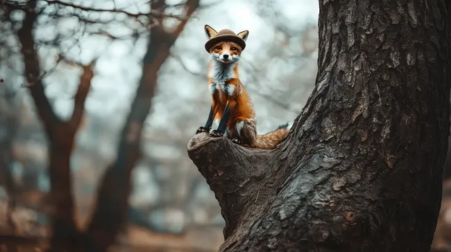 Fuchs mit Hut sitzt auf Baum im Nebel-Wald