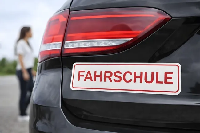 Führerschule-Schild an schwarzem Auto auf Parkplatz