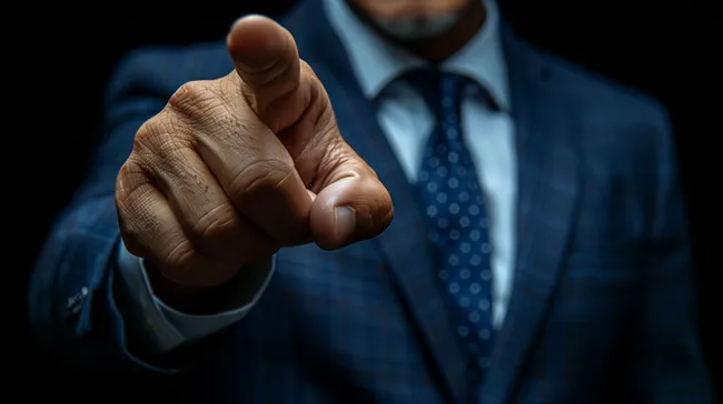 Führungskraft mit erhobenem Finger in Richtung Kamera