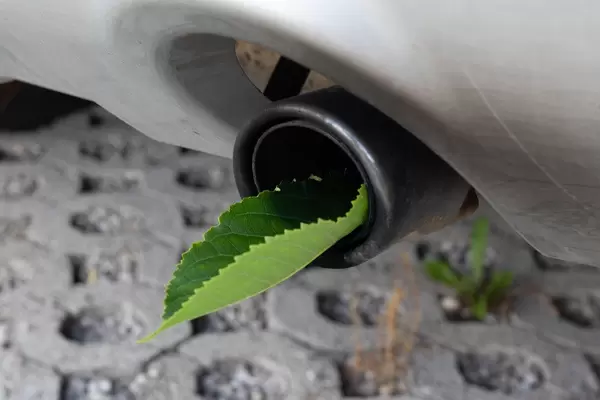 Fuel efficient car muffler with a green leaf