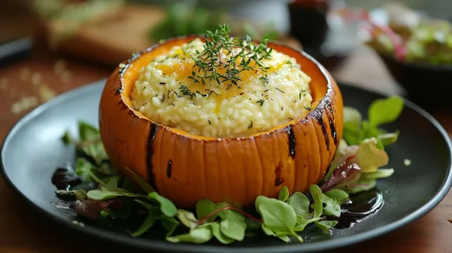 Füllkürbisentdeckt mit cremigem Risotto und Käse