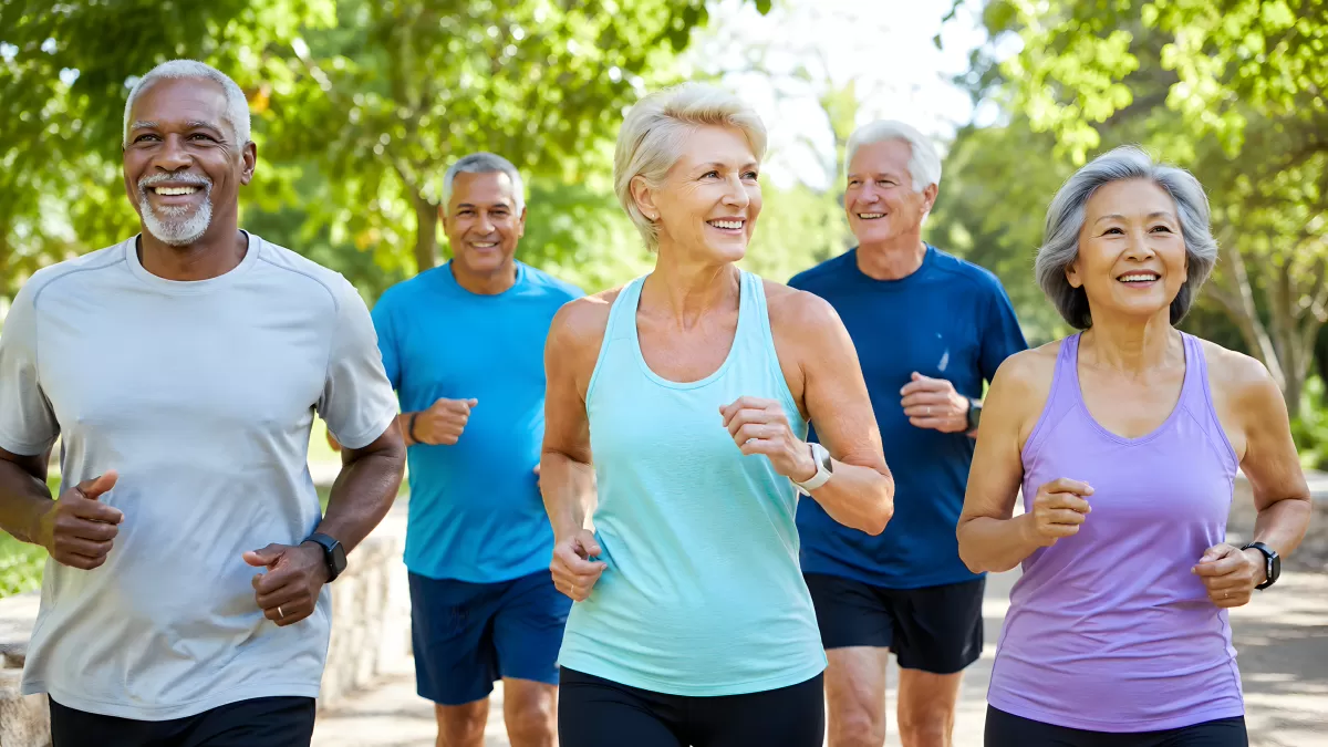 Fünf ältere Erwachsene joggen gemeinsam im Park