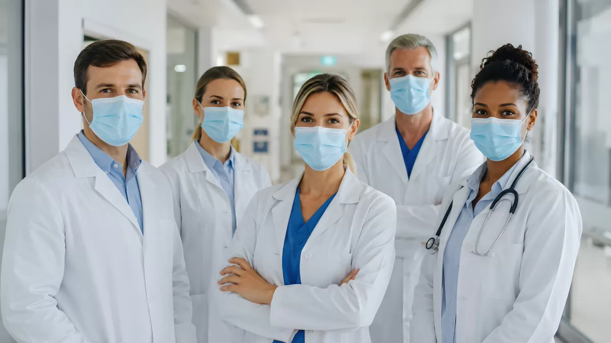 Fünf Ärzte in weißen Kitteln mit Masken im Krankenhaus