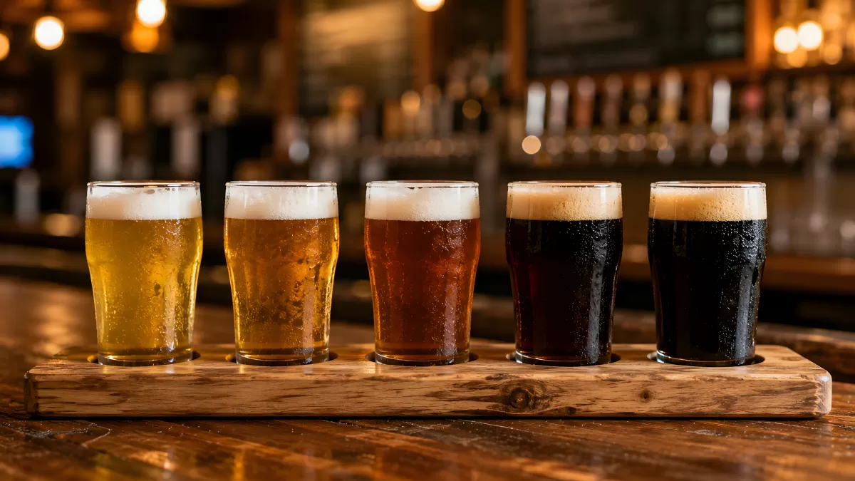 Fünf Biergläser in verschiedenen Brauntönen auf Holzbrett