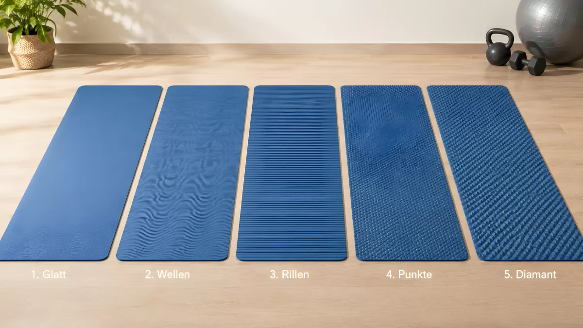 Fünf blaue Yogamatten mit verschiedenen Oberflächentexturen