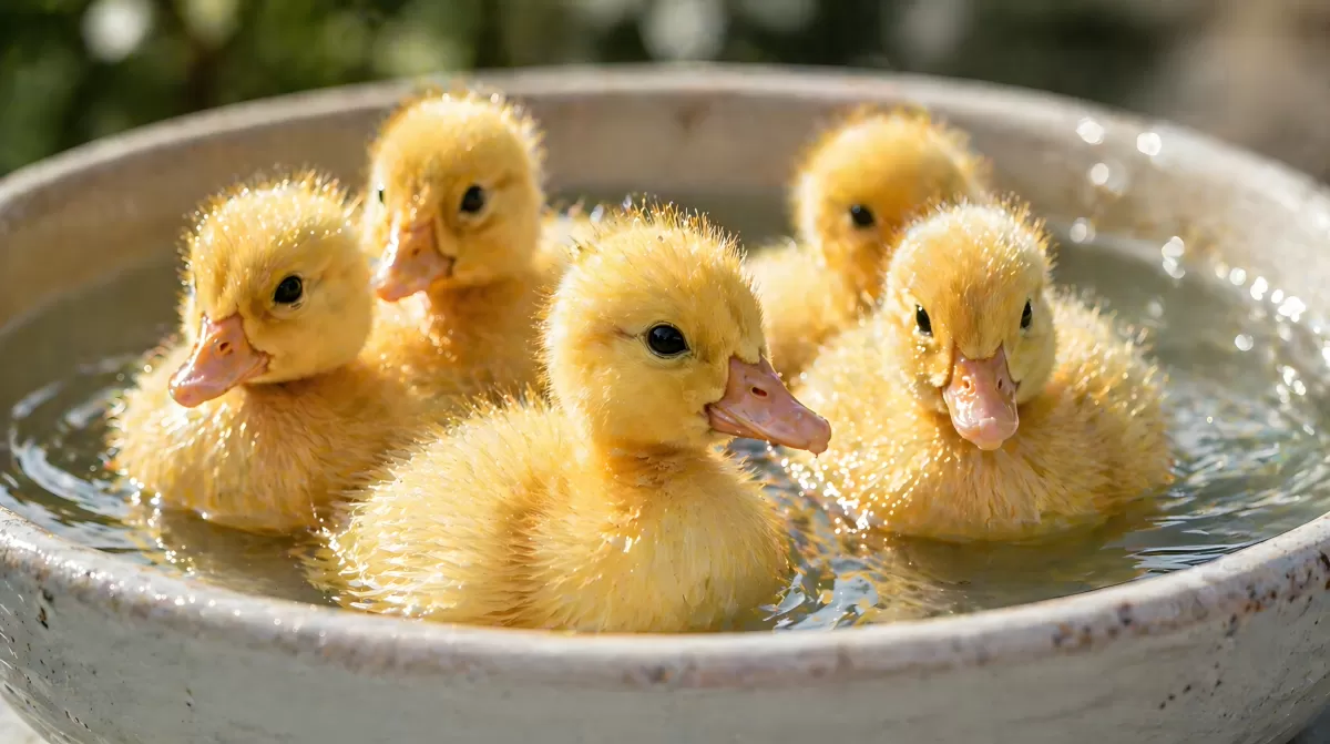 Fünf flauschige Entenküken schwimmen in einer Schale