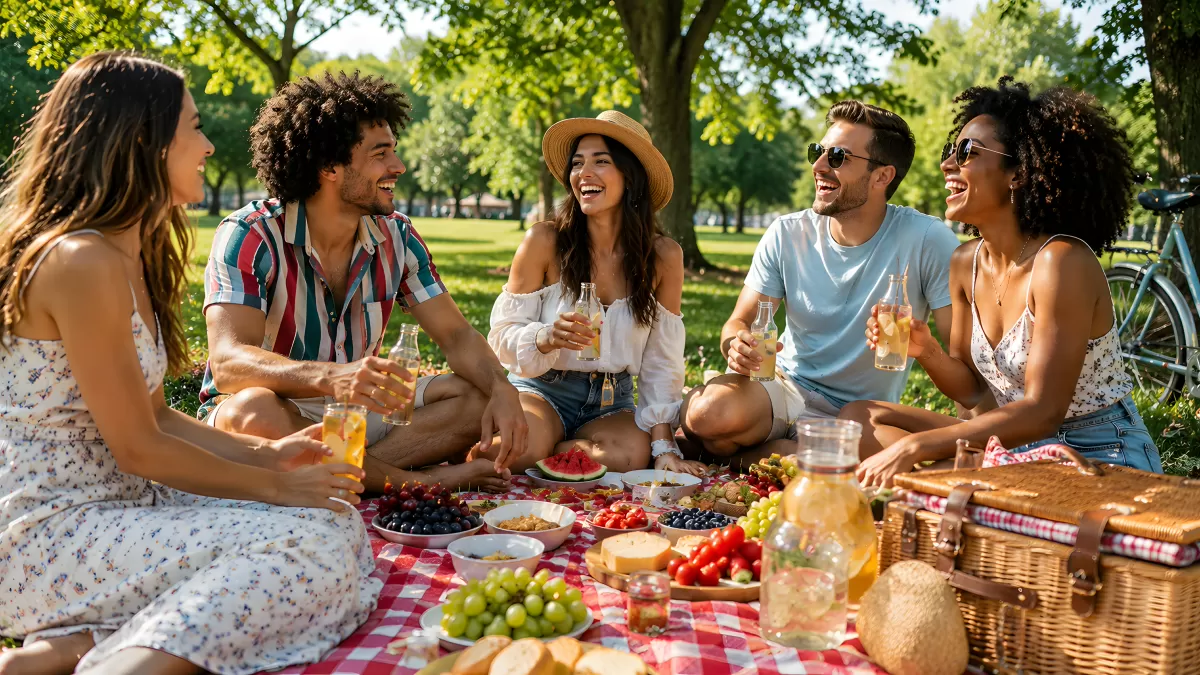 Fünf Freunde beim sonnigen Picknick im Park