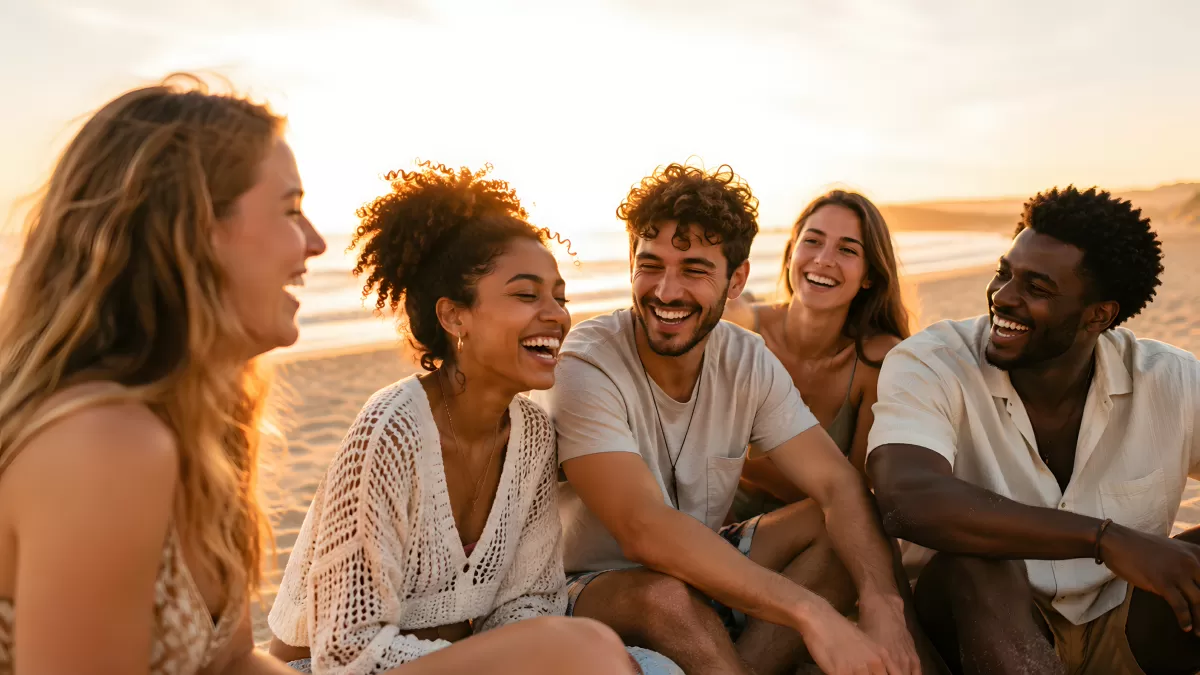 Fünf Freunde lachen gemeinsam am Strand bei Sonnenuntergang