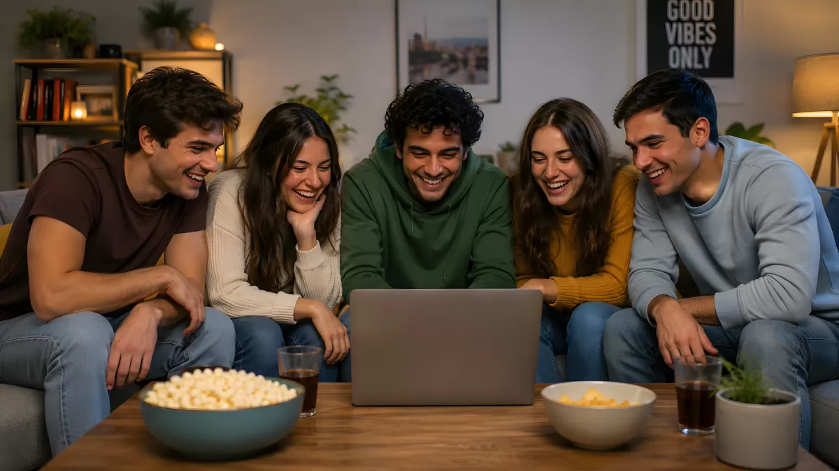 Fünf Freunde lachen gemeinsam vor Laptop auf Sofa