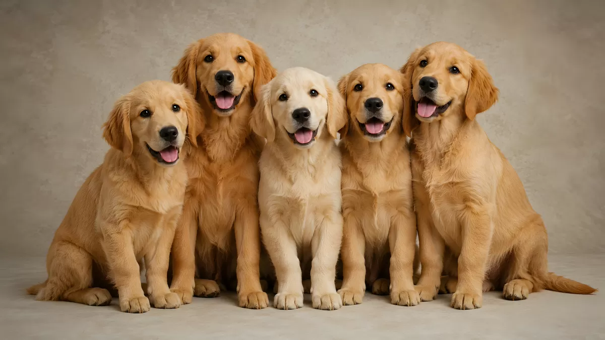 Fünf Golden Retriever Welpen sitzen nebeneinander