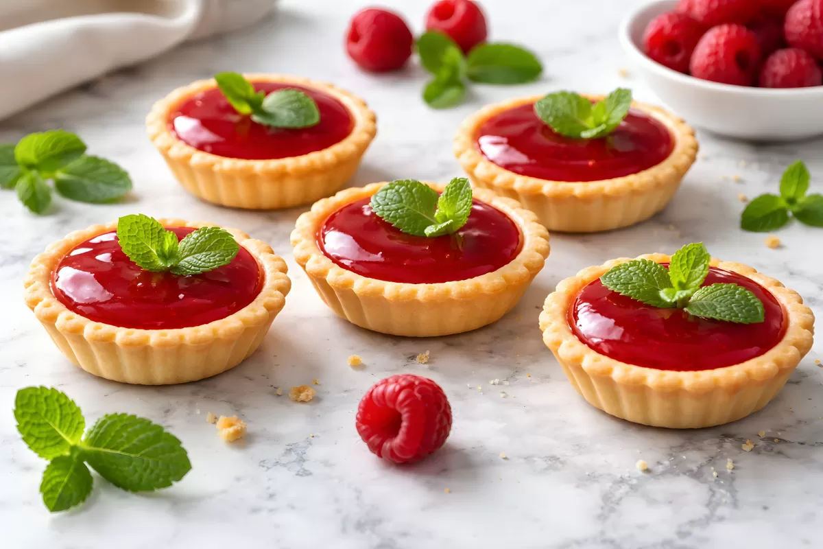 Fünf Himbeertörtchen mit Gelee und Minze