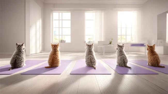 Fünf Kätzchen beim Yoga in lichter Wohnung