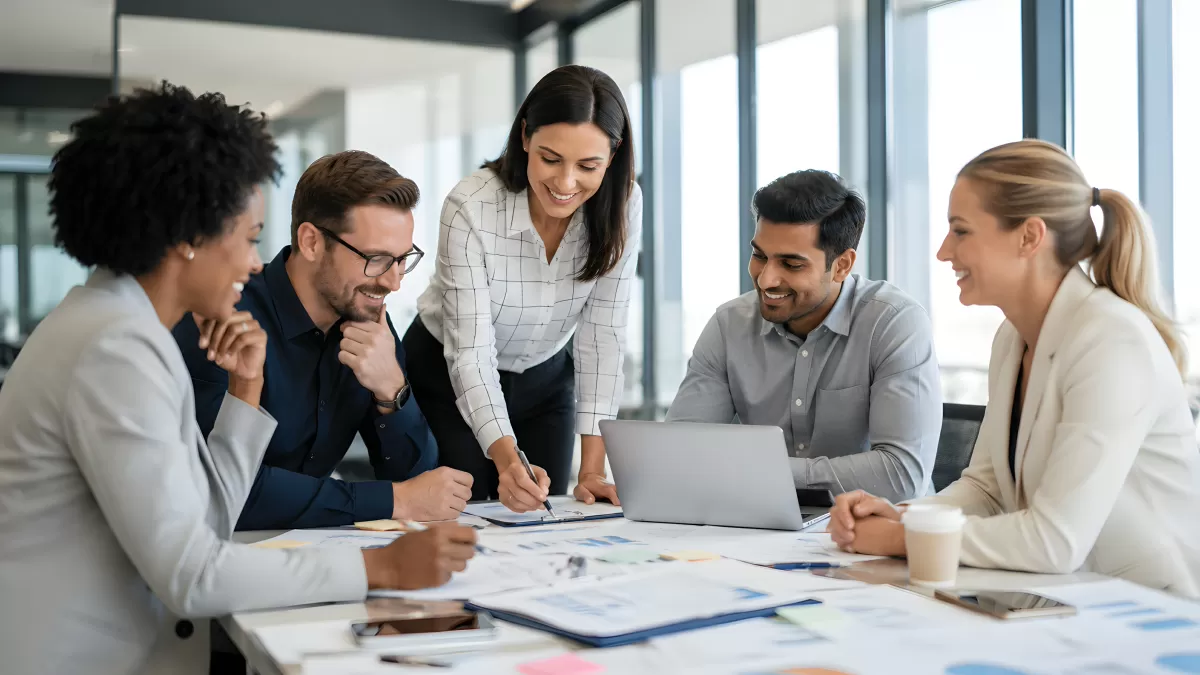 Fünf Kollegen arbeiten gemeinsam im Büro