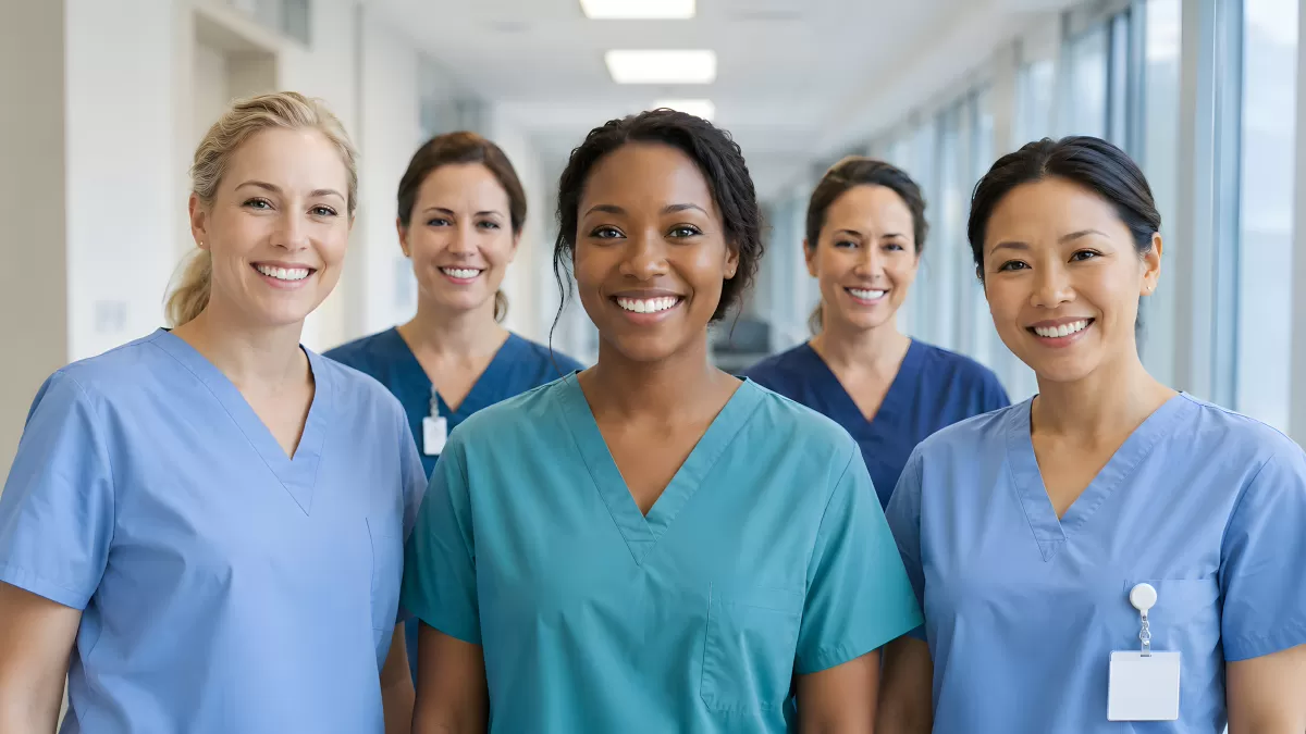 Fünf Krankenpflegerinnen im Krankenhaus lächeln