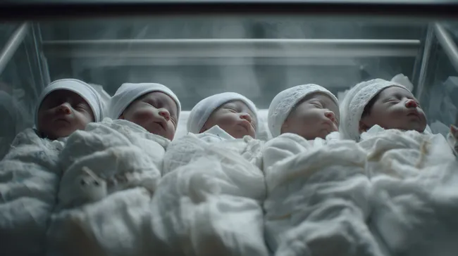 Fünf Neugeborene in Krankenhausbett