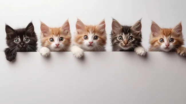 Fünf niedliche Katzenwelpen in Reihe