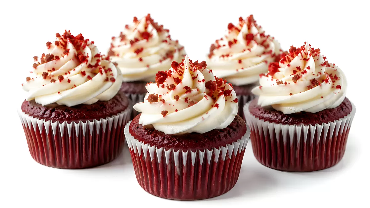 Fünf Red Velvet Cupcakes mit Frischkäsecreme