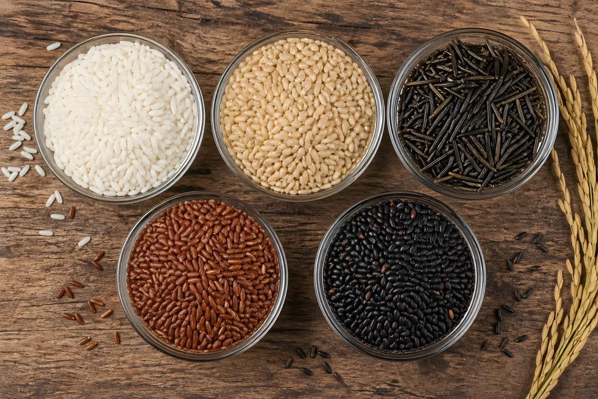 Fünf Reissorten in Glasschalen auf Holztisch