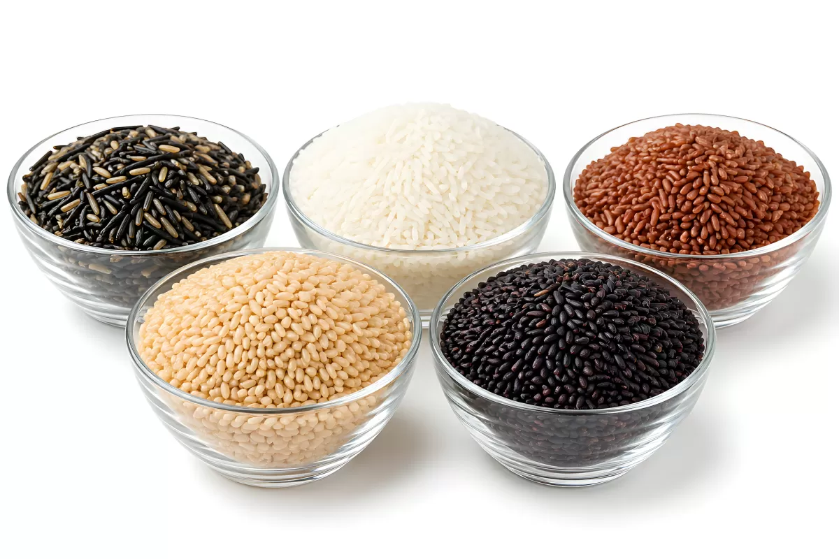 Fünf Reissorten in Glasschalen auf weißem Hintergrund