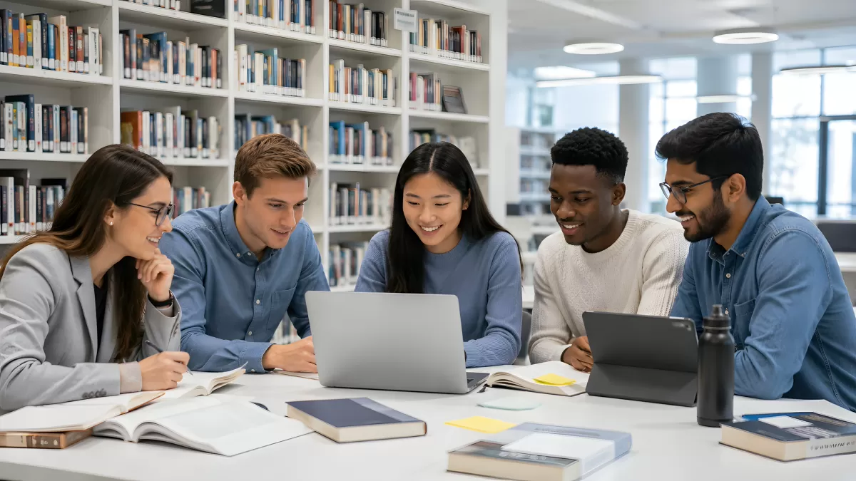 Fünf Studierende beim gemeinsamen Lernen in der Bibliothek