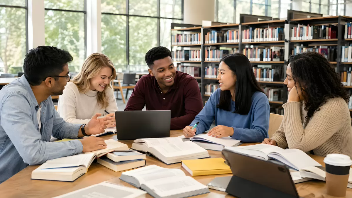 Fünf Studierende lernen gemeinsam in der Bibliothek