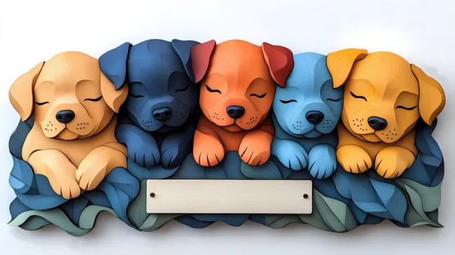 Fünf süße Schlafhunde in farbenfroher Illustration