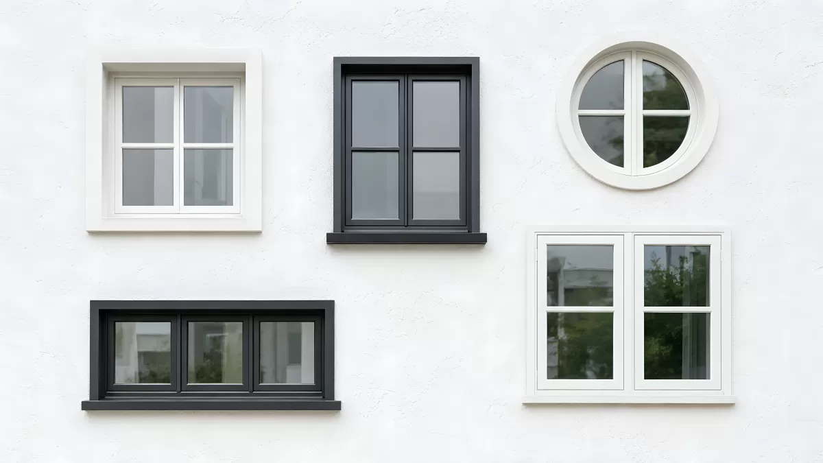 Fünf verschiedene Fenstertypen an weißer Hausfassade