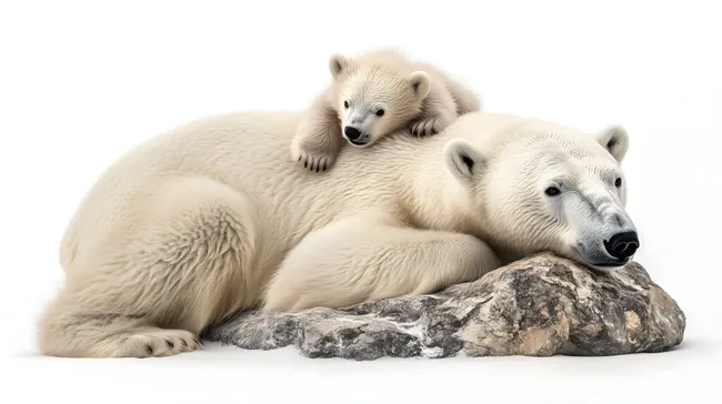 Fürsorglich ruhende Eisbärenmutter mit kleinem Jungtier