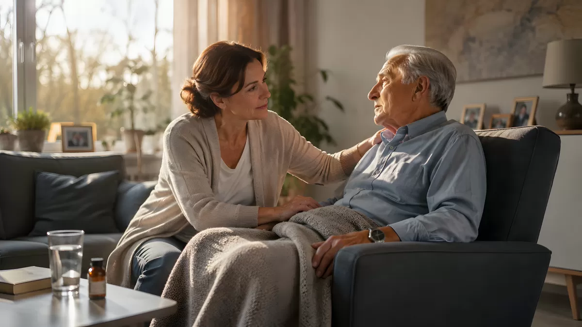 Fürsorgliche Begleitung eines älteren Mannes zuhause