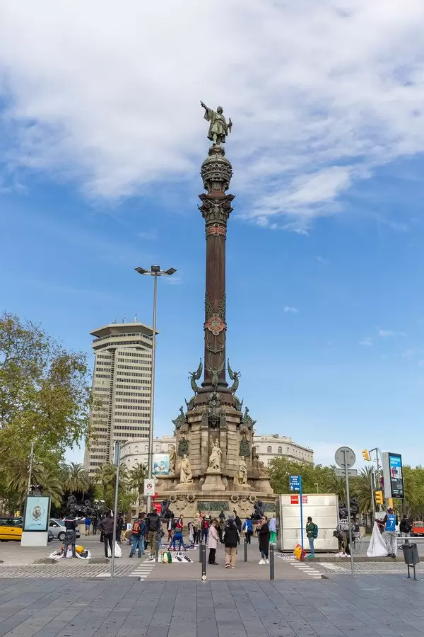 Full Christopher Columbus Monument "Mirador de Colom" at La Rambla in Barcelona, Catalonia (Spain)